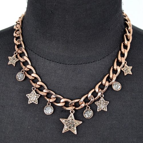 Collier-Chaine-Maillons-Metal-Marron-Pendentif-Etoiles-Strass