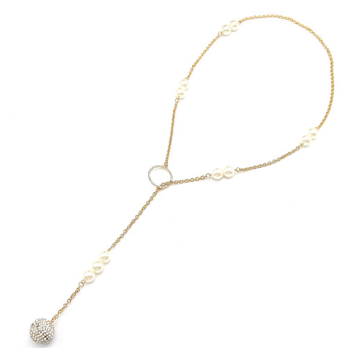 Sautoir-Collier-Chaine-Metal-Perles-Ecru-et-Pendentif-Boule-Strass-Dore