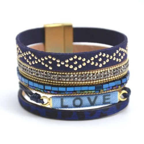 Bracelet-Manchette-Multi-Rangs-Clous-Leopard-Perles-et-Love-Bleu