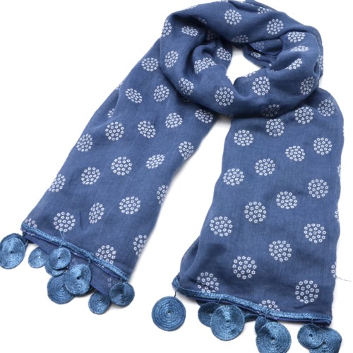 Foulard-Long-Printemps-Ete-Uni-Motif-Flocons-de-Mini-Fleurs-et-Cercles-Macrame-Bleu-Jean