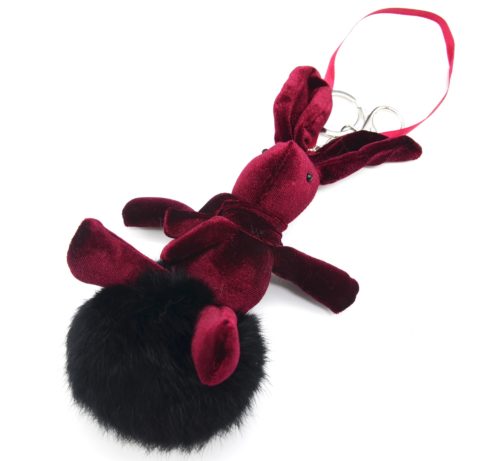 Porte-Cles-Bijou-de-Sac-Lapin-XXL-Velours-Bordeaux-avec-Pompon-Fourrure-Synthetique-Noir