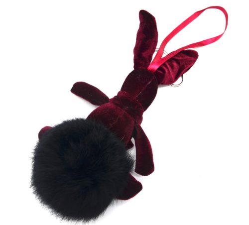 Porte-Cles-Bijou-de-Sac-Lapin-XXL-Velours-Bordeaux-avec-Pompon-Fourrure-Synthetique-Noir