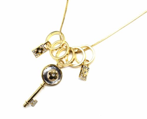 Sautoir-Collier-Pendentif-Anneaux-Metal-Dore-avec-Cle-Trefle-et-Cadenas-Strass