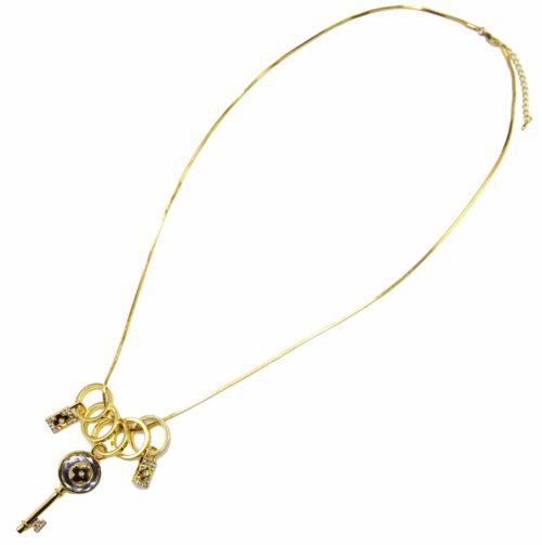 Sautoir-Collier-Pendentif-Anneaux-Metal-Dore-avec-Cle-Trefle-et-Cadenas-Strass