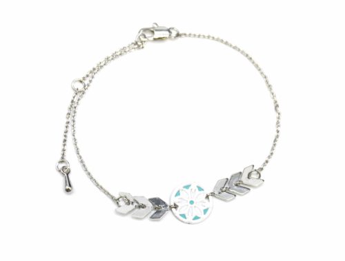 Bracelet-Fine-Chaine-avec-Charm-Cercle-Motif-Ethnique-Turquoise-et-Chevrons-Metal-Argente