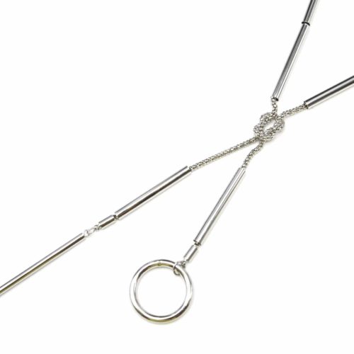 Sautoir-Collier-Chaine-avec-Pendentif-Y-Noeud-Tubes-et-Cercle-Creux-Metal-Argente