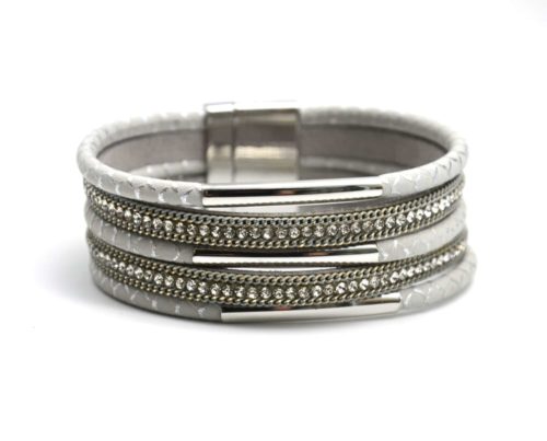 Bracelet-Manchette-Multi-Rangs-Simili-Cuir-Ecailles-Gris-Clair-Strass-et-Tubes-Metal