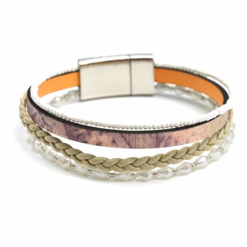 Bracelet-Manchette-Multi-Rangs-Simili-Cuir-Brillant-Tresse-et-Perles-Blanc