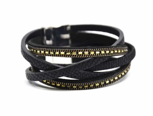 Bracelet-Manchette-Multi-Rangs-Croises-Ecailles-Tissu-Brillant-et-Chaines-Noir