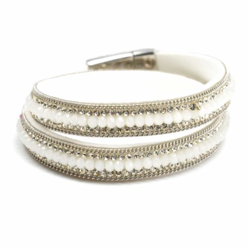 Bracelet-Double-Tour-Feutrine-Perles-Brillantes-Strass-et-Chaines-Blanc