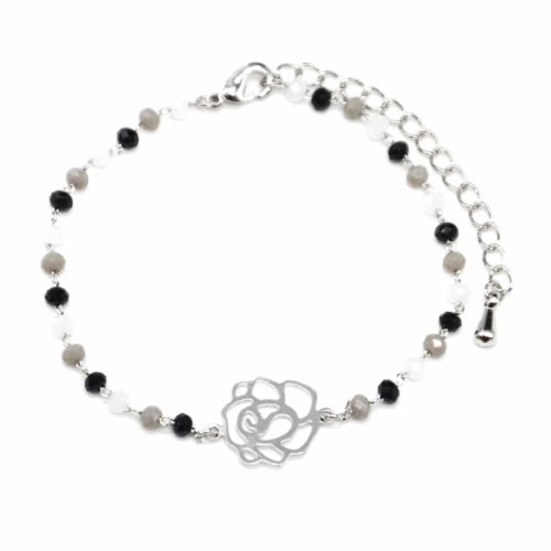 Bracelet-Mini-Perles-Noir-Gris-avec-Charm-Fleur-Ajouree-Metal-Argente