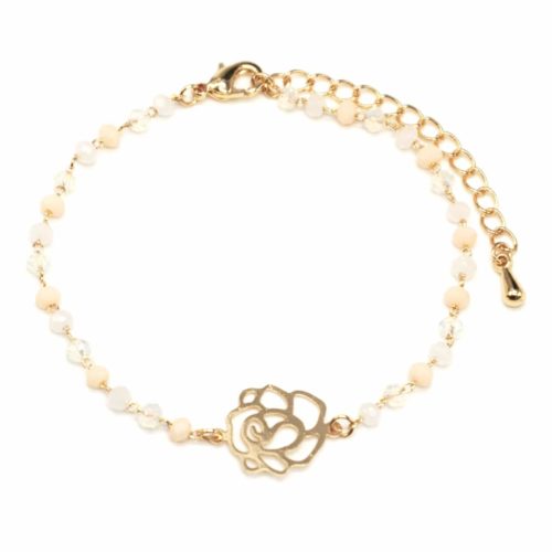 Bracelet-Mini-Perles-Beige-avec-Charm-Fleur-Ajouree-Metal-Dore