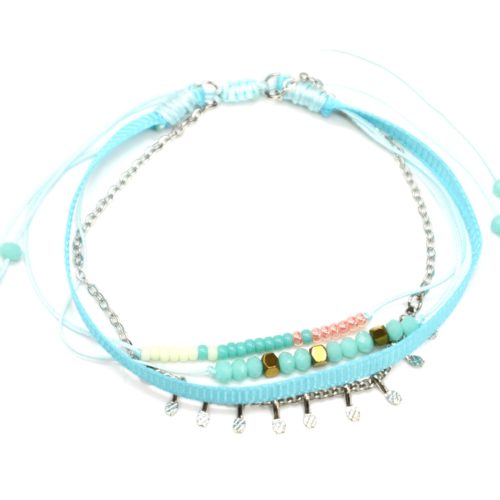 Bracelet-Cordon-Multi-Rangs-Perles-Ruban-Bleu-et-Pampilles-Metal-Argente