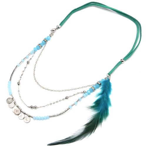 Collier-Cordons-Multi-Rangs-avec-Chaines-Pieces-Metal-Perles-et-Plume-Bleu-Canard