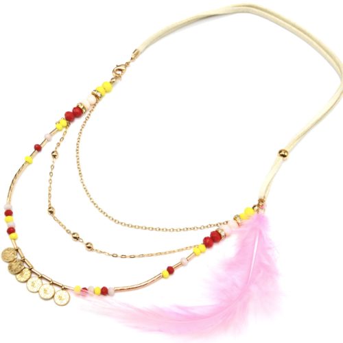 Collier-Cordons-Multi-Rangs-avec-Chaines-Pieces-Metal-Perles-et-Plume-Rose