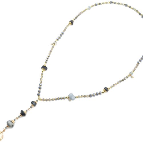 Sautoir-Collier-Perles-Brillantes-avec-Pierres-Grises-et-Plume-Metal-Dore