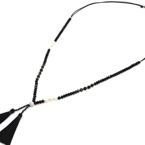 Sautoir-Collier-Cordons-Perles-Brillantes-avec-Perles-Eau-Douce-et-Pompons-Noir