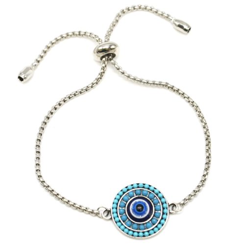 Bracelet-Chaine-Ajustable-avec-Cercle-Perles-Bleues-et-Pierre-Oeil-Metal-Argente
