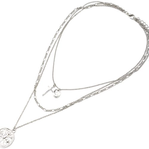 Collier-Multi-Rangs-Chaines-Metal-Argente-avec-Medaille-Martelee-Croix
