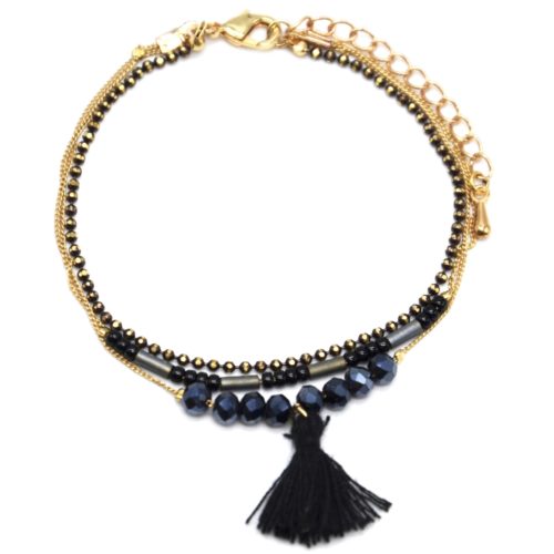 Bracelet-Multi-Rangs-Chaine-Metal-Dore-avec-Perles-et-Pompon-Noir