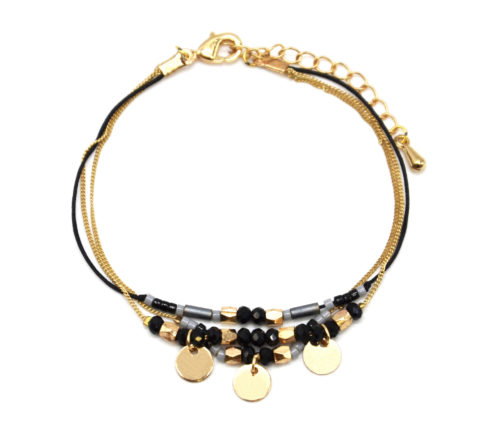 Bracelet-Multi-Rangs-Chaine-Metal-Dore-avec-Pampilles-et-Perles-Noires