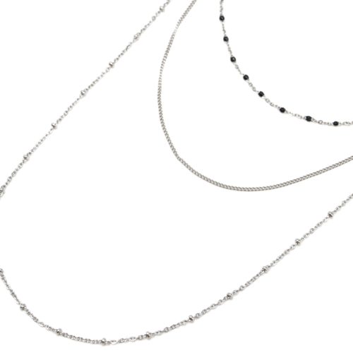 Collier-Triple-Chaine-avec-Mini-Perles-Email-Noir-et-Boules-Acier-Argente