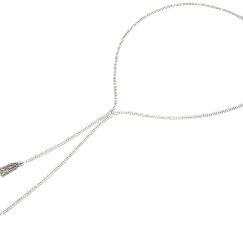 Sautoir-Collier-Style-Cravate-Bande-2-Rangs-Strass-et-Pompons-Metal-Argente