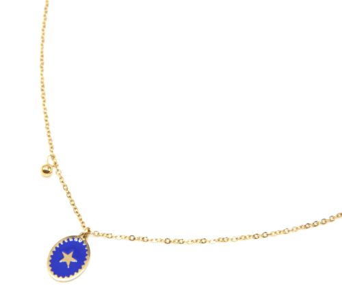 Collier-Fine-Chaine-Acier-Dore-avec-Ovale-Email-Bleu-Motif-Etoile