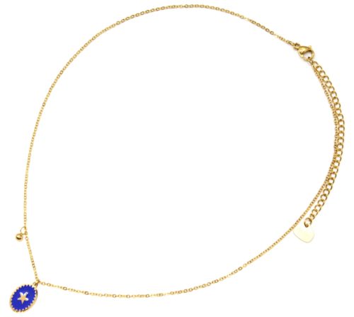 Collier-Fine-Chaine-Acier-Dore-avec-Ovale-Email-Bleu-Motif-Etoile