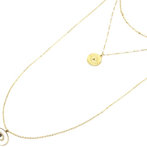 Collier-Triple-Chaine-Mini-Perles-Medaille-Gravee-Acier-Dore-et-Oeil-Blanc