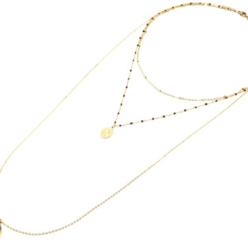 Collier-Triple-Chaine-Mini-Perles-Vierge-Marie-Acier-Dore-et-Croix-Bordeaux