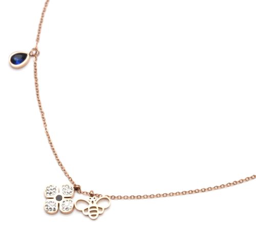 Collier-Fine-Chaine-Acier-Or-Rose-Pendentif-Fleur-Strass-Abeille-et-Pierre-Bleue