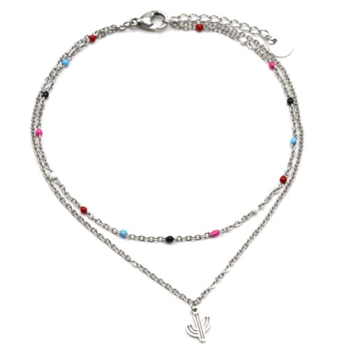 Double-Chaine-Cheville-Acier-Argente-et-Mini-Perles-Multicolore-avec-Charm-Cactus