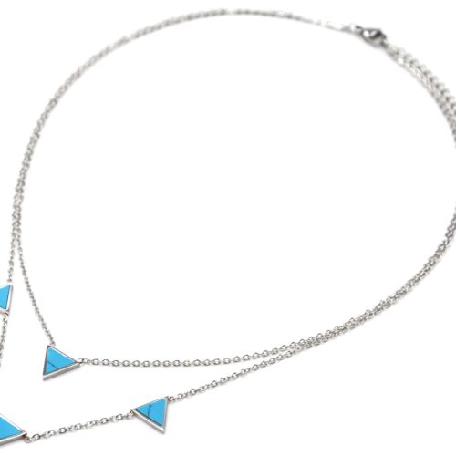 Collier-Double-Chaine-Acier-Argente-avec-Charms-Triangles-Effet-Marbre-Turquoise