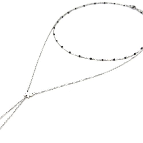 Collier-Double-Chaine-Mini-Perles-Email-Noir-et-Papillons-Acier-Argente