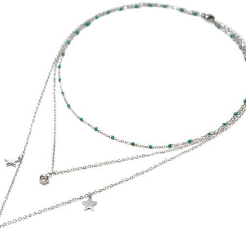Collier-Triple-Chaine-Mini-Perles-Email-Vert-avec-Etoiles-et-Lune-Acier-Argente