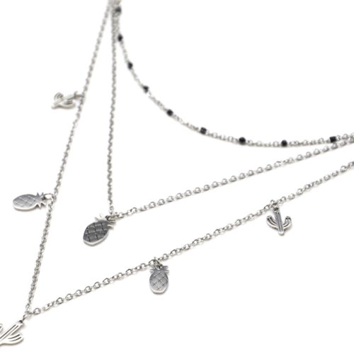 Collier-Triple-Chaine-Mini-Perles-Email-Noir-avec-Cactus-et-Ananas-Acier-Argente