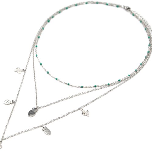 Collier-Triple-Chaine-Mini-Perles-Email-Vert-avec-Cactus-et-Ananas-Acier-Argente