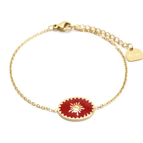 Bracelet-avec-Ovale-Email-Rouge-Motif-Soleil-et-Contour-Acier-Dore