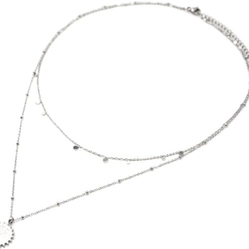 Collier-Double-Chaines-Mini-Pampilles-et-Medaille-Martelee-Billes-Acier-Argente