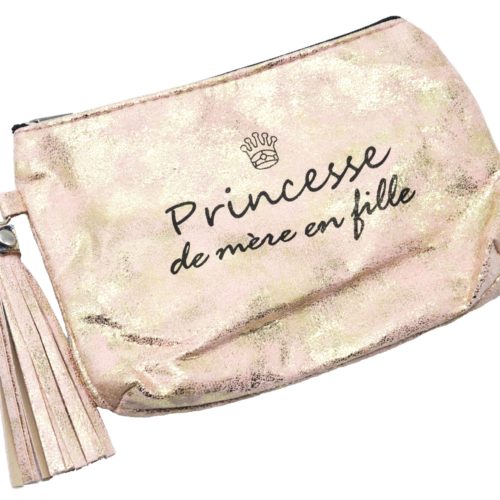 Trousse-Pochette-Effet-Brillant-Message-Princesse-de-mere-en-fille-Pompon-Rose