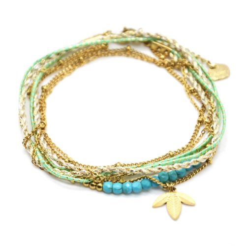 Bracelet-Multi-Rangs-Cordons-Chaines-avec-Feuilles-Acier-Dore-et-Perles-Turquoise