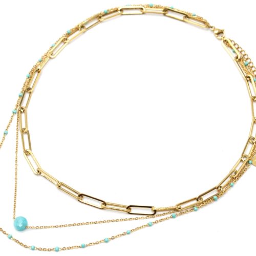 Collier-Triple-Chaines-Maillons-Acier-Dore-Mini-Perles-Email-et-Pierre-Turquoise