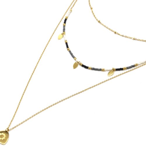 Collier-Triple-Chaines-avec-Perles-Pampilles-et-Medaille-Soleil-Acier-Dore