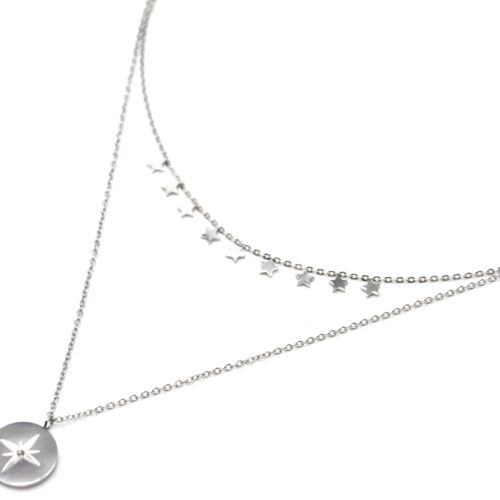 Collier-Double-Chaines-avec-Mini-Etoiles-et-Medaille-Etoile-Polaire-Acier-Argente