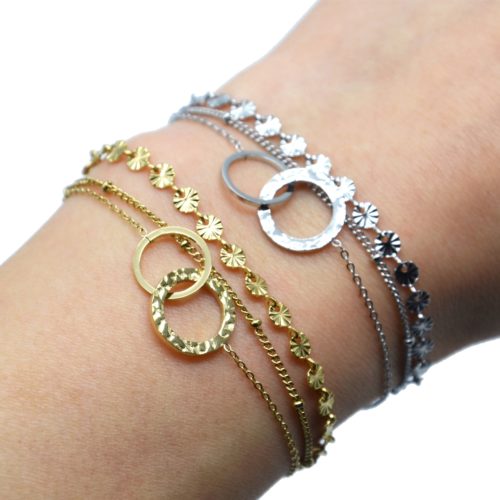 Bracelet-Triple-Chaines-Medailles-Rayons-Billes-et-Cercles-Entrelaces-Acier