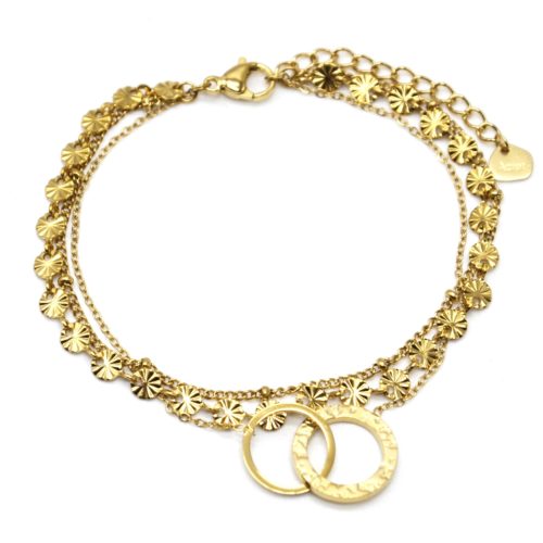 Bracelet-Triple-Chaines-Medailles-Rayons-Billes-et-Cercles-Entrelaces-Acier-Dore