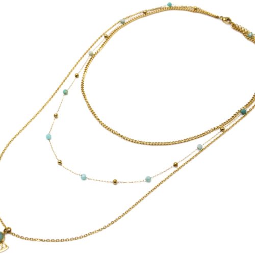 Collier-Triple-Chaines-Perles-Billes-avec-Demi-Rosace-Acier-Dore-et-Pierre-Verte