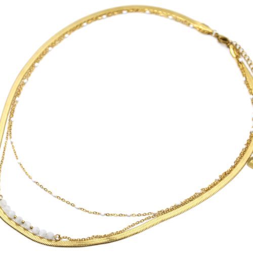 Collier-Triple-Chaines-Serpentine-Acier-Dore-Mini-Perles-et-Pierres-Blanches