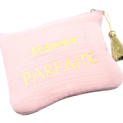 Trousse-Pochette-Coton-Rose-Message-Maman-Parfaite-Pompon-Dore